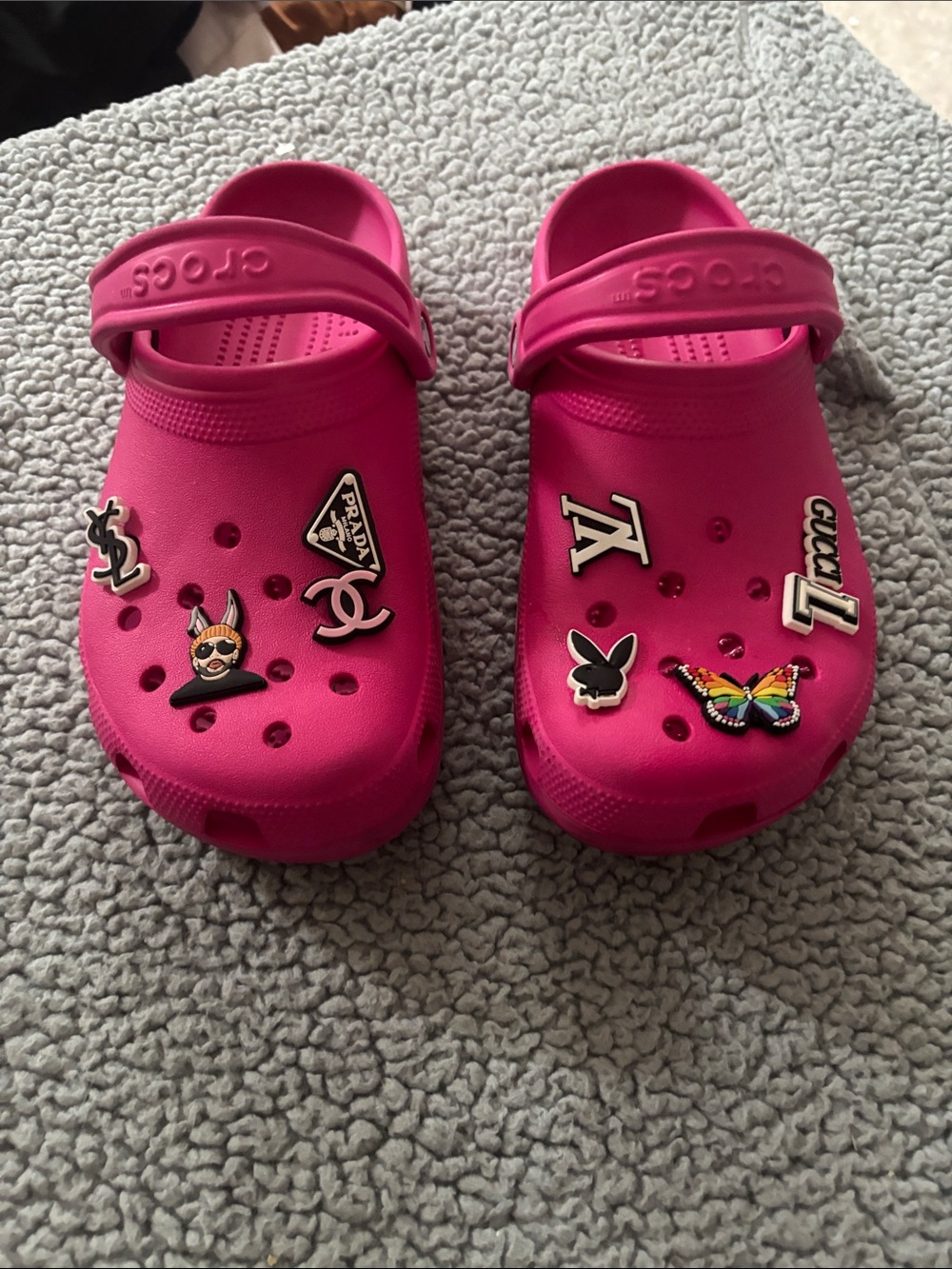 CROCS Slip-On Clogs in Bright Pink with Decorative Charms